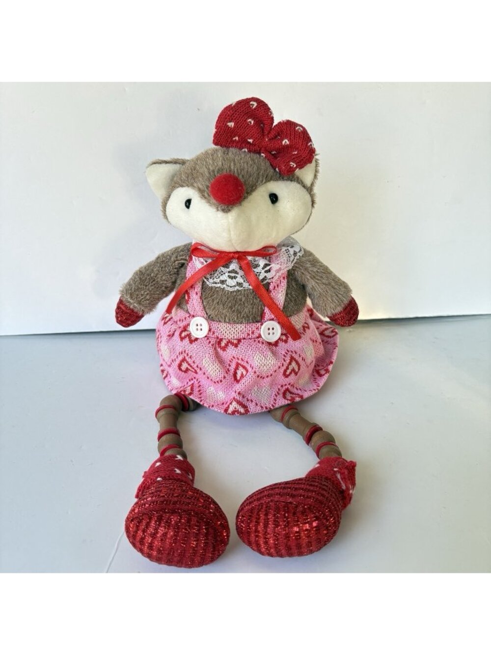 HOMERBEST Shelf Sitter Plush Mouse Pink/Red Dress Dangle Legs Weighted Bottom 8”